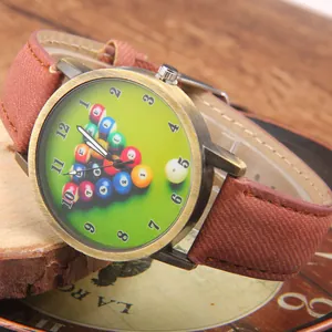 Vintage bronze quartz watch with green billiards dial and brown textured strap