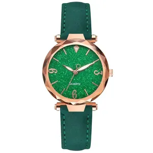 Detailed macro view of the faceted rose gold case and green glitter dial quartz watch