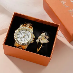 Luxuriöse goldene Damenuhr und Schmetterlingsarmband Geschenkset mit Strass in orange Box