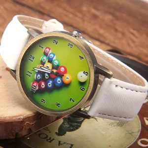 Retro bronze billiards theme quartz watch with white strap on rustic wood base