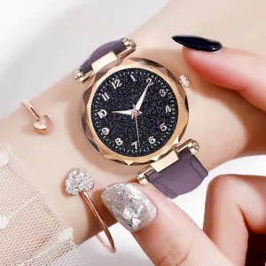 Starry sky dial women's watch with purple suede strap and heart bracelet set