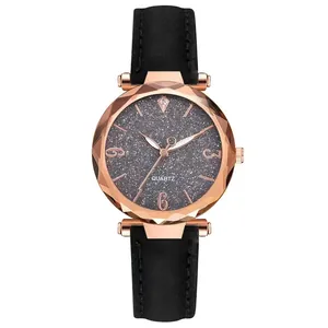 Women's quartz watch with star sky dial, faceted glass, and black leather strap