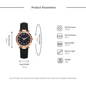 Detailed size parameters of starry sky women's watch with rose gold case and black strap
