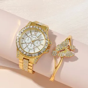 Luxus Damen Gold Strass Uhr Und Schmetterling Armband Kombination Legierung Kristall Mode Uhr Für Business Täglich Bankett