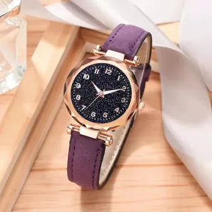 Women's quartz watch with starry sky dial, purple leather strap, and rose gold case
