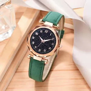 Detailed macro of starry sky watch dial with rose gold numbers and green leather strap