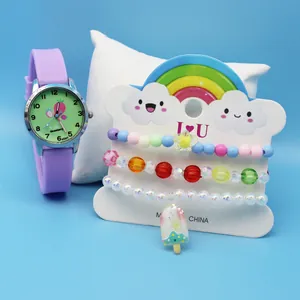 Purple silicone watch set for kids with colorful beaded bracelets and ice cream charms