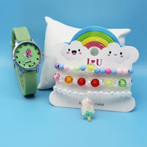 Kids silicone quartz watch with pony and mermaid beaded bracelets set for girls