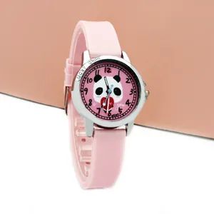 Pink silicone children watch featuring a cute panda face dial and silver metal case