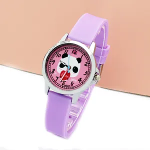 Close-up of kids quartz watch with purple silicone strap and panda dial details