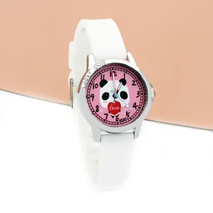 Detail of pink panda dial with white silicone strap on cartoon children watch