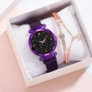 Purple starry sky watch and star bracelet jewelry set in a white elegant gift box