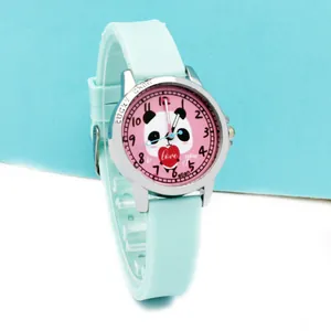Detail of mint green silicone children's watch with cute panda dial and silver metal case