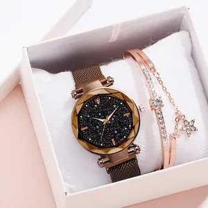 Starry sky dial watch and crystal bracelet set in a gift box with a mesh strap