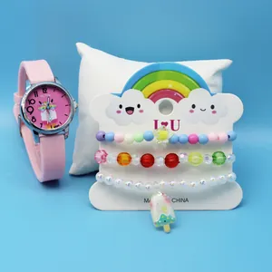 Pink cartoon alpaca watch with colorful beaded bracelets and ice cream charms