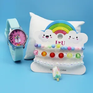 Cartoon Panda Strawberry Children Quartz Watch With 3Pcs Beads Bracelet Jewelry Set For Kids Girls Gift