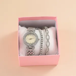 Montre à Quartz Ronde en Alliage de Luxe Avec Strass et Bracelets à Maillons Infinis Assortis pour Femme Bijoux Mode