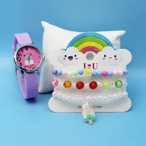 Set including kids silicone watch with alpaca dial and three colorful beaded bracelets