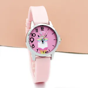 Close-up of pink children watch with alpaca pattern and soft silicone strap