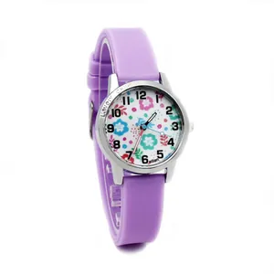Detail view of purple silicone kids watch with floral dial and Arabic numerals