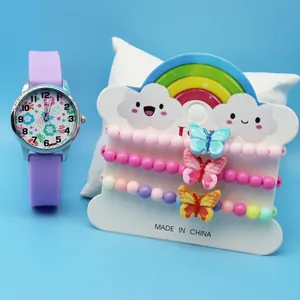 Purple silicone kids watch set with colorful flower dial and three beaded butterfly bracelets