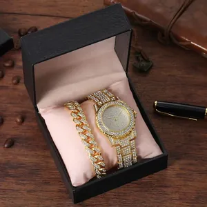 Luxury Women Iced Out Quartz Watch And Rhinestone Cuban Link Bracelet Jewelry Set Full Diamond Starry Dial Wristwatch Gift Box