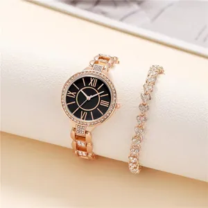 Set orologio al quarzo donna lusso e bracciale cuore con strass oro rosa e quadrante nero