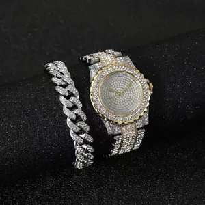 Luxury gold and silver stainless steel watch set with iced out cuban link bracelet