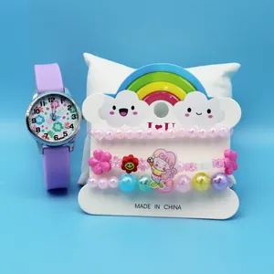 Kids purple silicone watch and colorful beaded bracelet set with mermaid charms