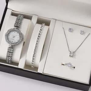 Women Luxury Rhinestone Wristwatch Necklace Earrings Ring Bracelet Assortment Flower Case Quartz Watch For Bridal Wedding Gifts