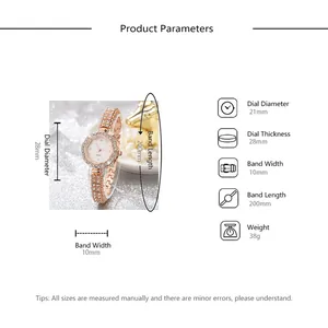 Detail showing the 21mm rose gold petal-shaped diamond bezel watch with size parameters