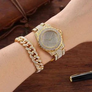 Luxury gold-toned iced-out watch and diamond Cuban bracelet set for women stylish jewelry
