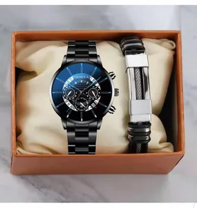 Montre à Quartz de Mode d'Affaires pour Hommes et Ensemble Cadeau de Bracelet Boîtier en Alliage Style Chronographe Montre Décontractée