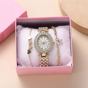Luxury Gold Women Quartz Watch and Bracelet Set Rhinestone Oval Dial Daisy Flower Pattern Alloy Jewelry Wristwatch with Gift Box