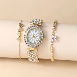 Luxury oval diamond-set gold watch and matching heart butterfly bracelet jewelry set