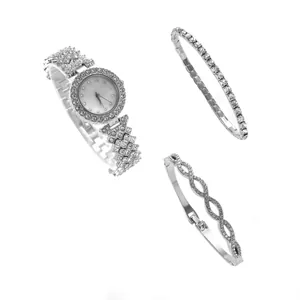 Coffret de montre et bracelets de luxe argentés avec pavé de diamants pour femme