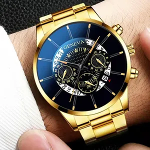 Montre à quartz pour homme avec bracelet en métal doré et cadran bleu élégant