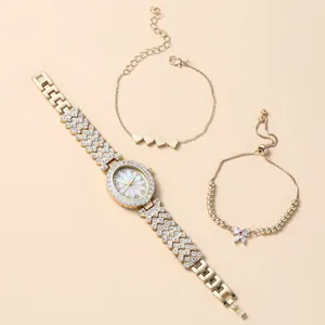 Luxury oval diamond watch set with heart bracelet and bow pendant in gold finish