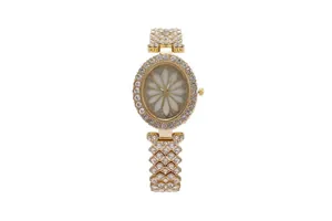 Luxurious gold oval women watch with floral dial and rhinestone encrusted metal strap