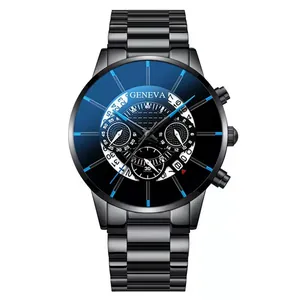Montre homme noire en acier inoxydable avec index bleus et affichage du calendrier