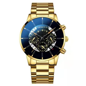 Détail de la montre Geneva homme avec bracelet doré et cadran bleu multifonction