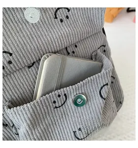 Macro shot of grey corduroy backpack with smiley face pattern and magnetic snap pocket