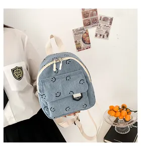 Detailed view of light blue corduroy backpack with smiley face and cream white straps