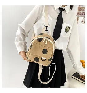 Detail of khaki corduroy mini backpack with black polka dots and gold crown badge