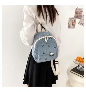 Detail view of light blue corduroy mini backpack with black smiley face pattern on model