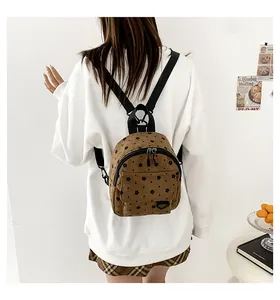 Detailed back view of a mini corduroy backpack with small black floral prints