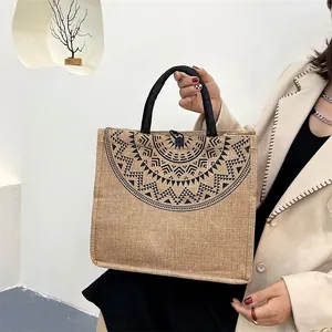 Retro linnen shopper met zwart geometrisch patroon en touwhandvatten voor dames