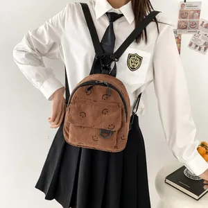Brown corduroy mini backpack with smile print, minimalist Japanese style school bag