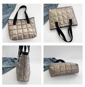 Detailed four-view shot of a champagne gold quilted puffer tote bag with black straps