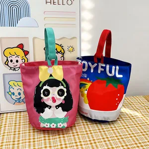 Original Ins Illustration Cartoon Canvas Handheld Bucket Bag For Women Kids Portable Cute Snack Lunch Tote Handbag
